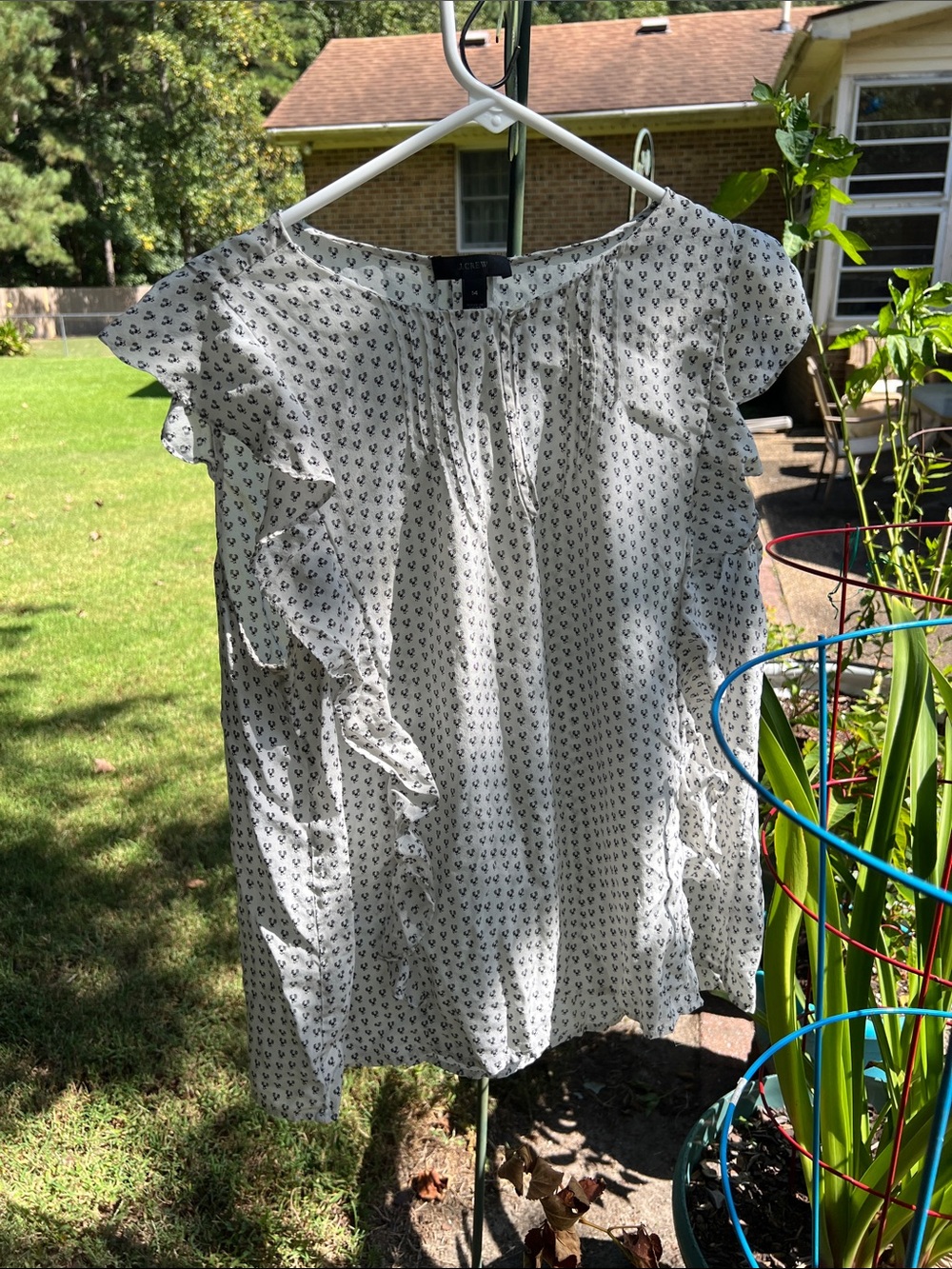 J. Crew White Blouse with Black Print and Ruffle Trim